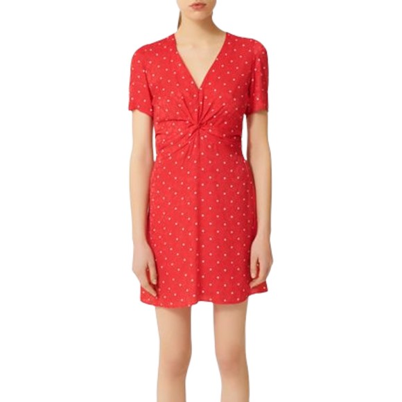 MAJE Womens Red Ripia Twist-Front Polka-Dot Floral Jacquard Mini Dress Sz Small - Picture 1 of 12